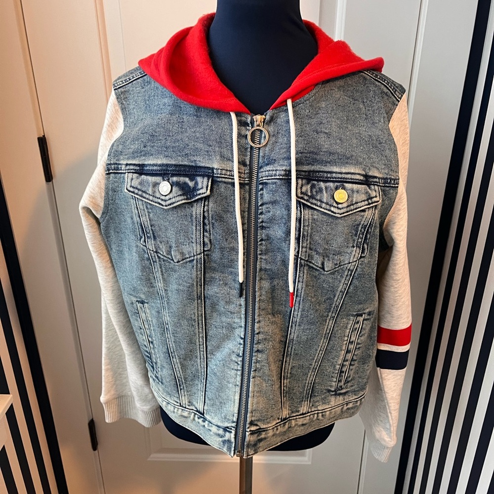 Denim and Red Hooded Tommy Hilfiger mixed media Jacket sz large BNWT